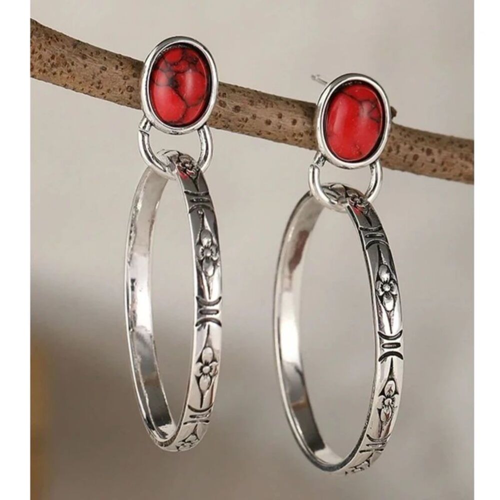 Red Oval Turquoise Etched Silver Dangle Earrings Gemstone Hoop Pendant Textured